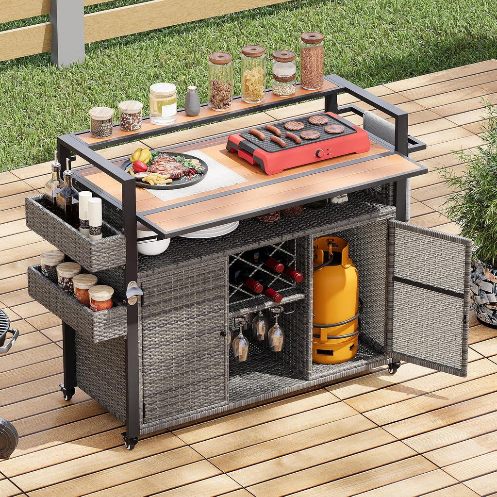 Merax 52.8' W Wicker Outdoor Grill Cart with Extended Plastic Wood Table Top, Rolling Kitchen Island on Wheels with Storage Cabinet, for Patio Backyard Garden Poolside, Double Handle Design, Grey