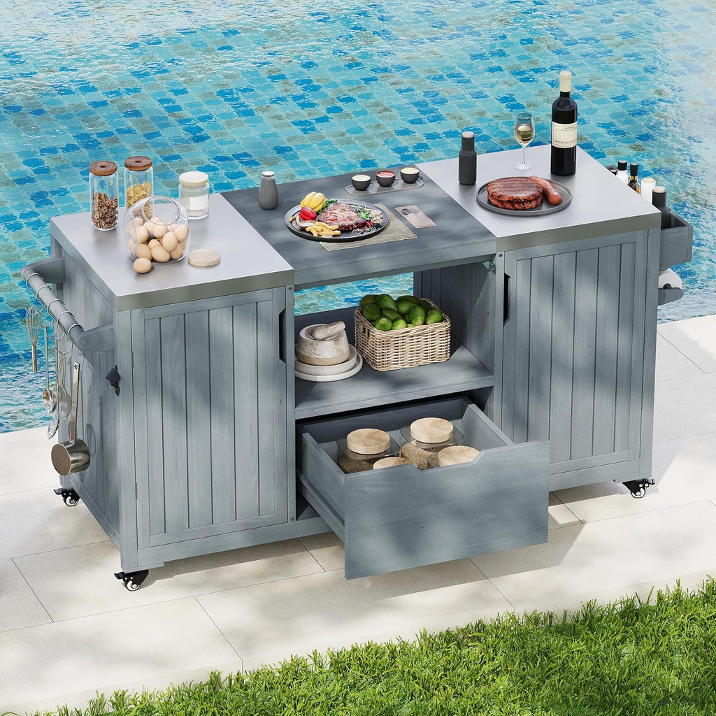 66.5' Outdoor Kitchen Island with Stainless Steel Top for Big Green Egg, Rolling Grill Cart with Adjustable Shelves, Lockable Wheels, Outdoor Table and Bar Storage Cabinet for Patio