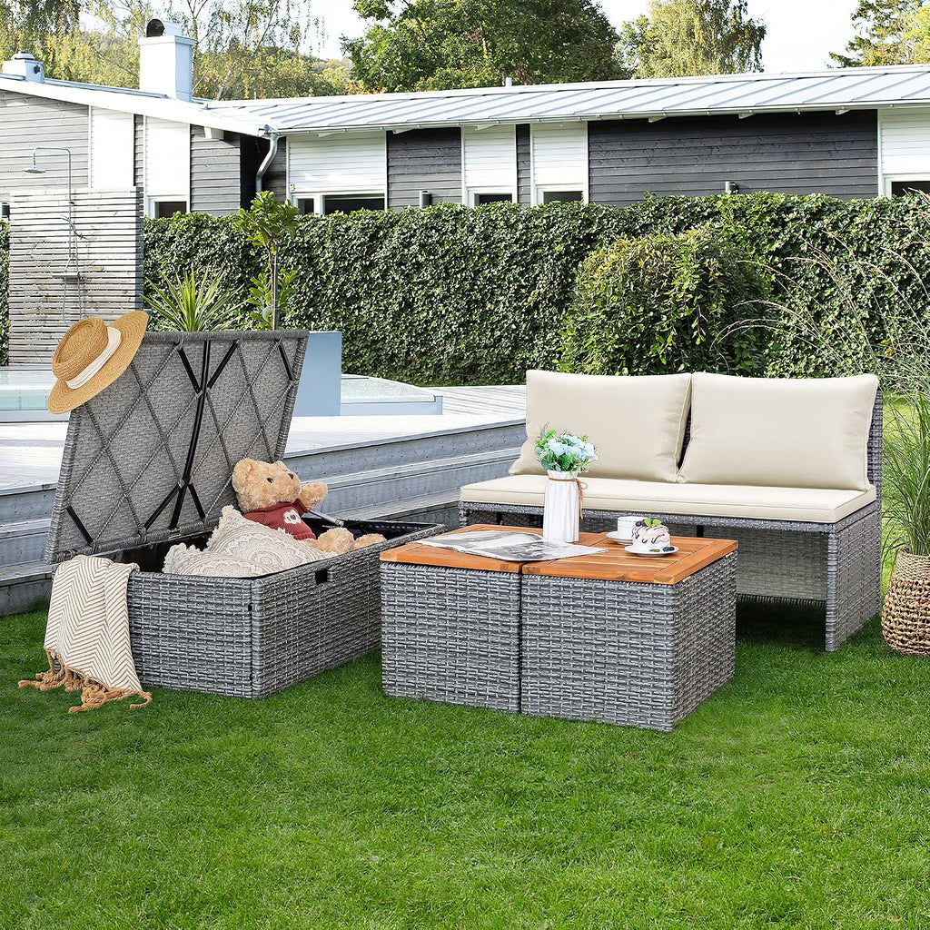 Devoko Outdoor Daybed Set Multifunctional Patio Day Bed Rattan Lounge Bed with 2 Side Tables for Backyard Porch Poolside Lawn Beach (Beige White)