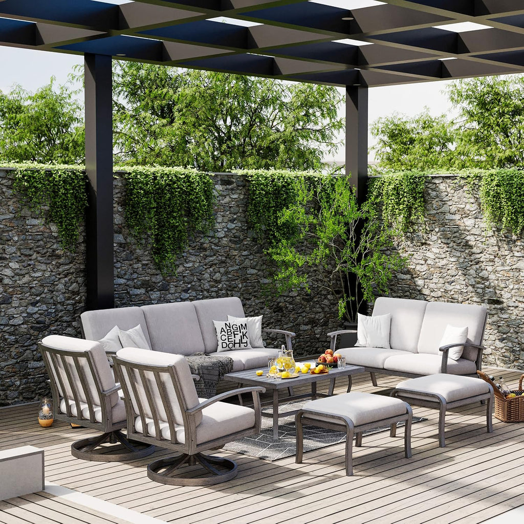 HAPPATIO 7 Piece Aluminum Patio Furniture Set, 3-Seat Outdoor Loveseat, Outdoor Sectional Sofa with Ottomans and Coffee Table, Garden Conversation Set with Swivel Armchairs for Lawn (Gray)