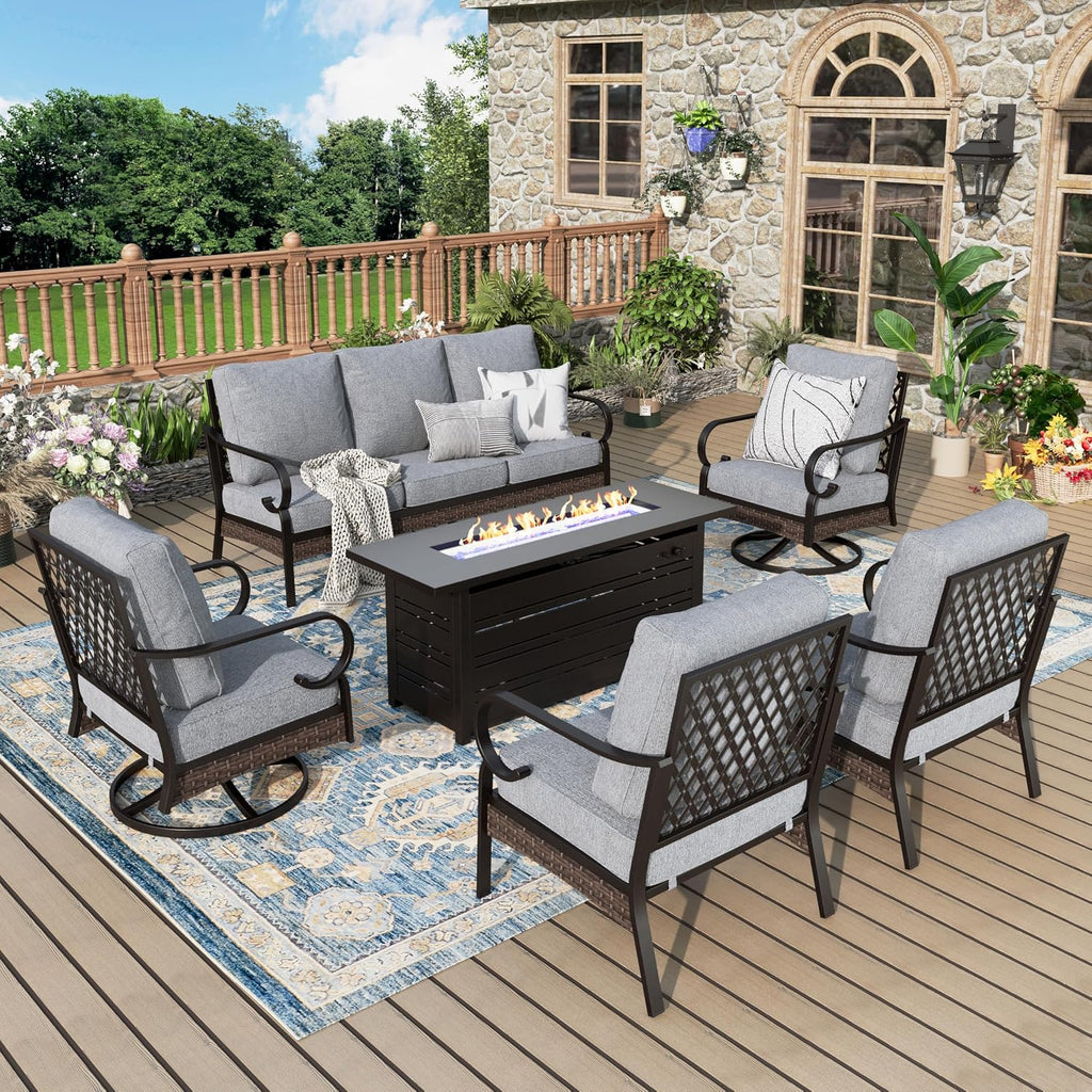 MIXPATIO Patio Furniture Set with Fire Pit Table, Metal Outdoor Conversation Set with 5.75'' Extra Thick Cushion, 2 Swivel Chairs, 2 Leg Chairs, 3-Seat Sofa and Gas Fire Pit Table, Grey