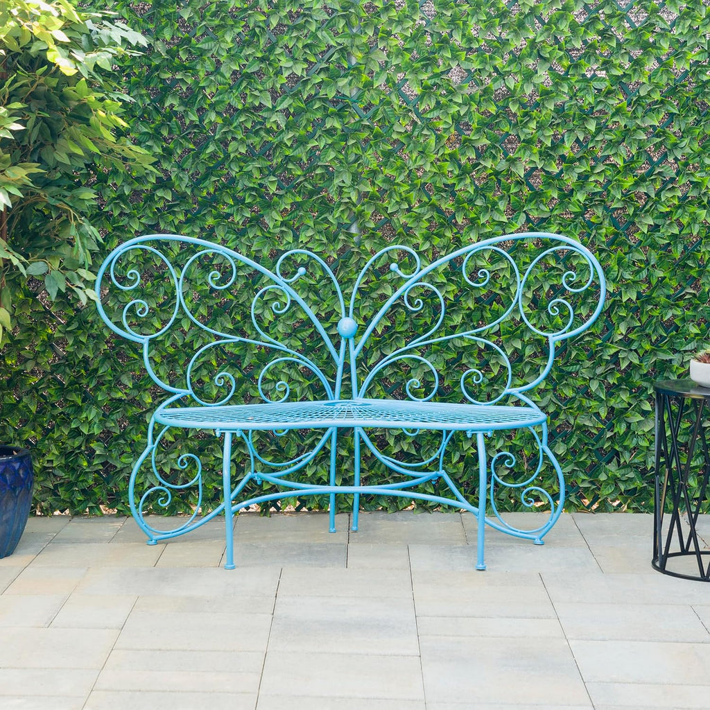 Alpine Corporation BAZ400BL Indoor Outdoor Metal Butterfly Shaped Garden Bench, 62' Long, Blue